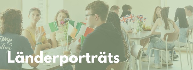 Titelbild mit Zugvogel-Stipendiat:innen an Tischen sitzend mit europäischen Flaggen, Foto mit grünem Overlay und der Beschriftung: Länderporträts