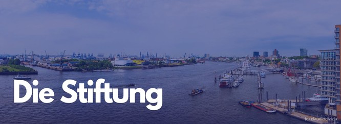 Luftaufnahme von der Elbe in Hamburg flussabwärts mit Hafenpanorama, Bild mit blauem Overlay und Text Die Stiftung